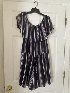 Charming Charlie Navy Blue and White Striped Off-Shoulder Jumpsuit